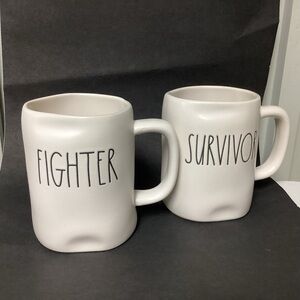 Set of 2 Rae Dunn Cream Coffee Mugs - Fighter & Survivor
